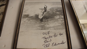 Phil Edwards is a funny guy. Ole's small shop is packed with awesome pictures from his personal surfing history.